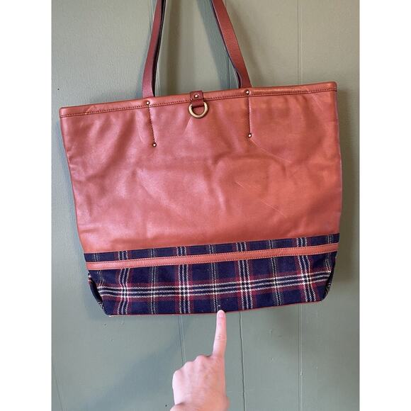 Brooks Brothers 2pc Tote & Wristlet Tan Leather Plaid Tartan Double Shoulder Bag - Picture 15 of 15